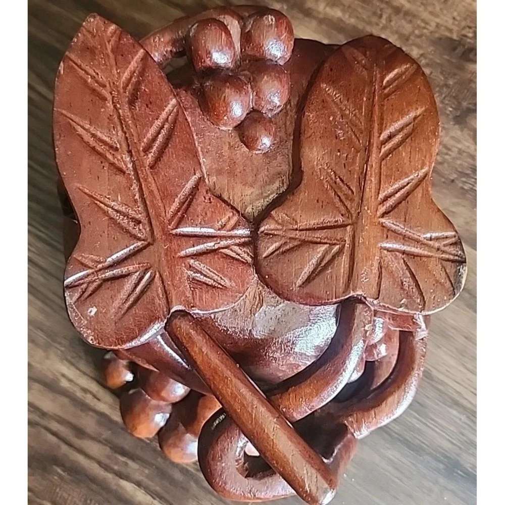 Vintage Trinket Hand Carved Wooden  Bowl Fruit Grapes  Leaves Dark Wood